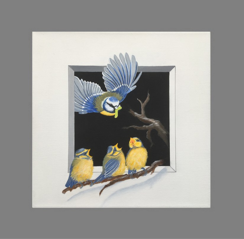 Akryl på lærred 30 x 30 x 4, Mejse unger.