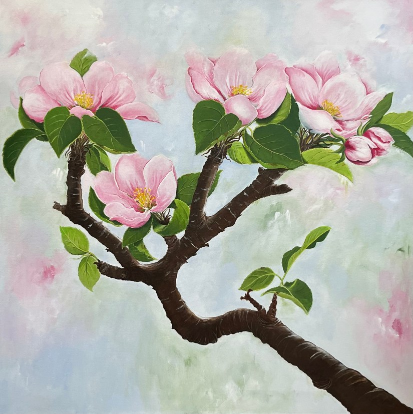 Akryl på lærred 80 x 80, Æbleblomster.